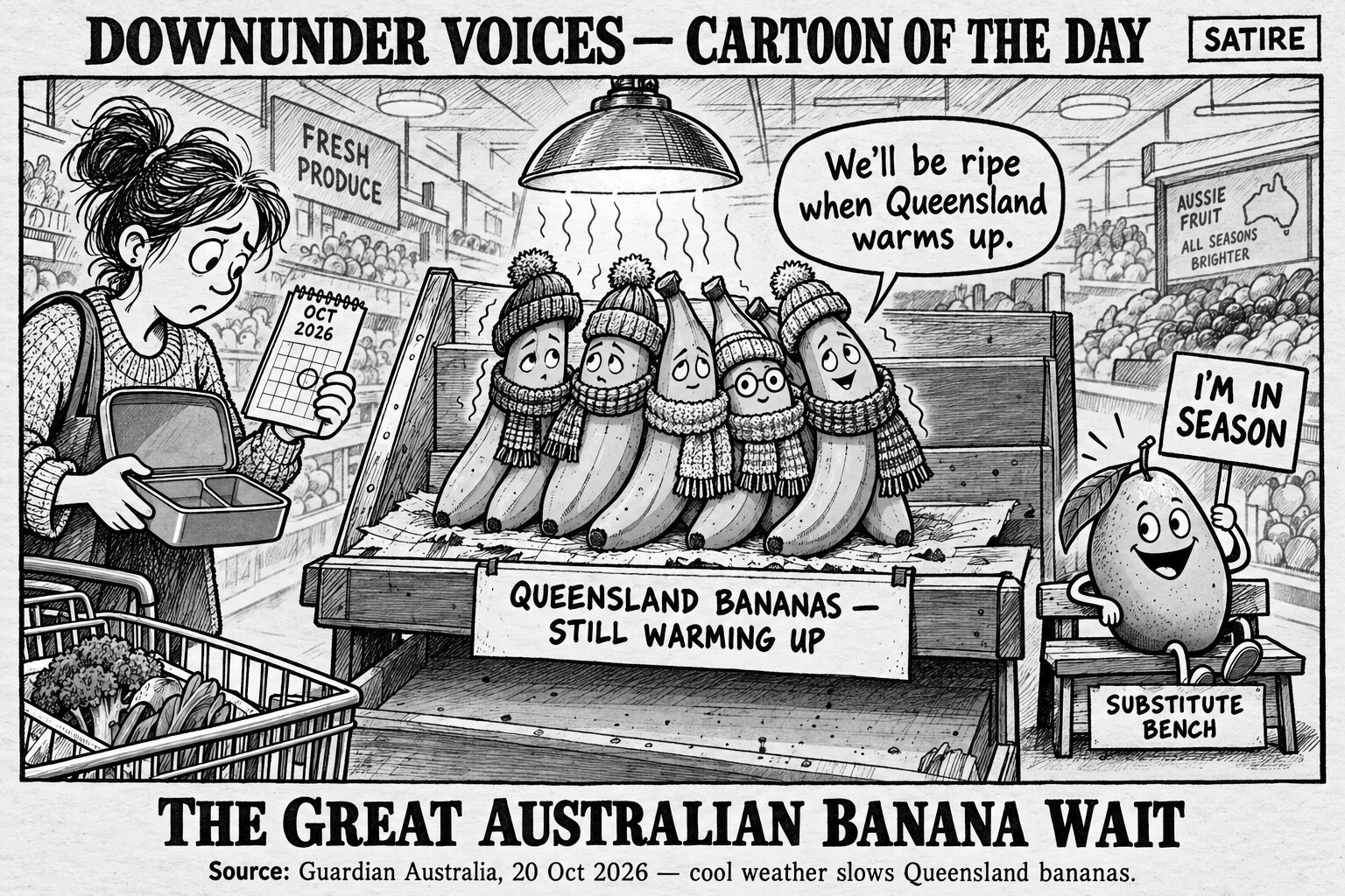 Black-and-white editorial cartoon of scarf-wearing green Queensland bananas warming under a supermarket heat lamp while a parent waits with an empty lunchbox and a mango offers to substitute