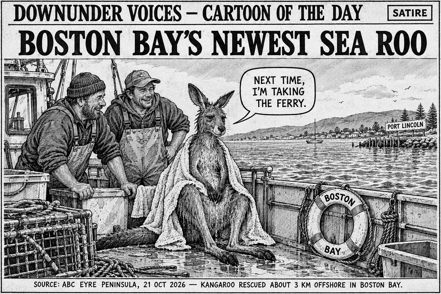 Black-and-white editorial cartoon of two fishers standing beside a soaked kangaroo wrapped in a towel aboard a boat in Boston Bay, with Port Lincoln in the distance