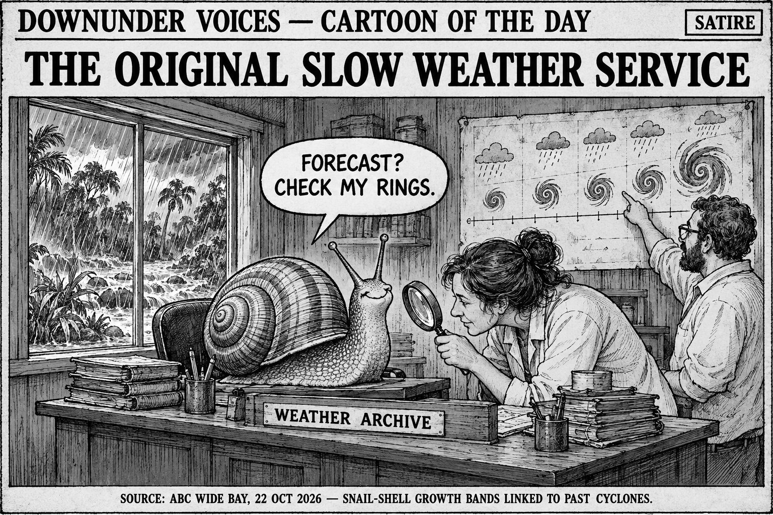 Black-and-white editorial cartoon of a native land snail serving as a weather archivist while two scientists read cyclone history from the growth bands in its shell