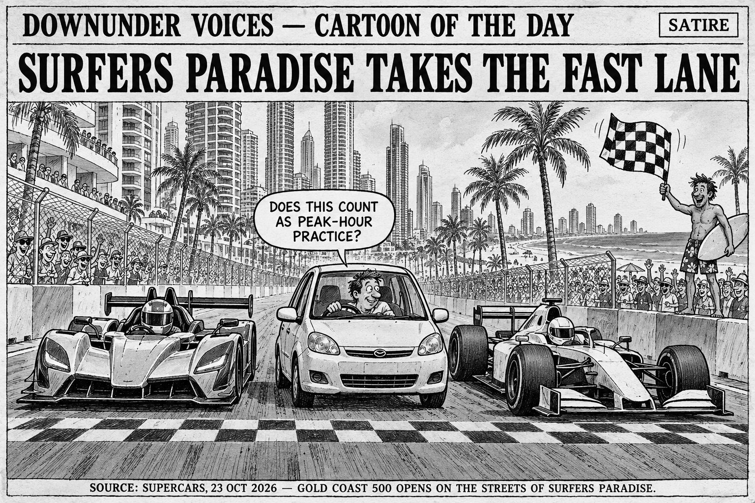 Black-and-white editorial cartoon of an ordinary commuter car accidentally lining up between two generic racing cars on the temporary Surfers Paradise street circuit