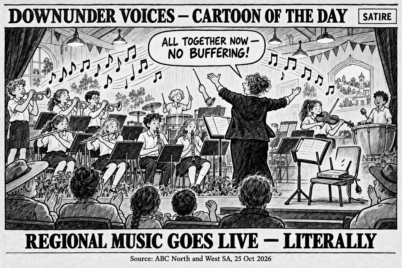 Black-and-white editorial cartoon of generic regional students performing in a large country-town orchestra while an unplugged Wi-Fi router sits beside the stage